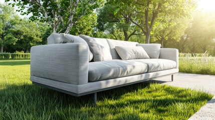 A large gray couch is sitting in a grassy field. The couch is surrounded by trees and has pillows on it. Scene is peaceful and relaxing, as the couch is placed in a serene outdoor setting