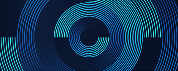 Poster - Abstract circle line pattern spin blue green light isolated on black background in the concept of music, science, Ai technology, digital futuristic banner
