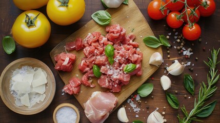 Wall Mural - A wooden cutting board with meat and vegetables on it. The vegetables include tomatoes, basil, and garlic