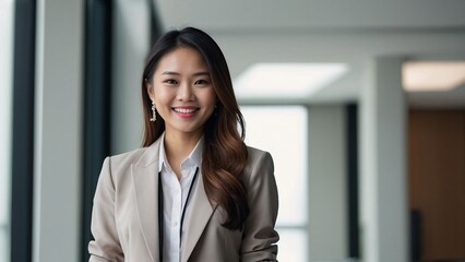 Young Asian woman, professional entrepreneur standing in office clothing, smiling and looking confident background