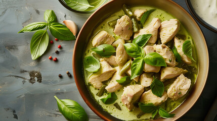 Thai green curry traditional dish on side of plain background