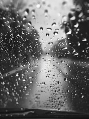 Wall Mural - A blurry image of raindrops on a car window. The raindrops are scattered all over the window, creating a hazy and blurry effect. Scene is calm and peaceful, as the raindrops fall gently on the car