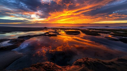 Wall Mural - A picturesque beach sunrise with the sky lit up in an array of oranges and yellows, reflecting off a tide pool that captures the essence of the sky above.