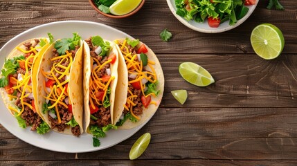 Wall Mural - A plate of four tacos with cheese and lettuce on top. A bowl of lettuce and tomatoes sits next to the plate. A lime sits on the table
