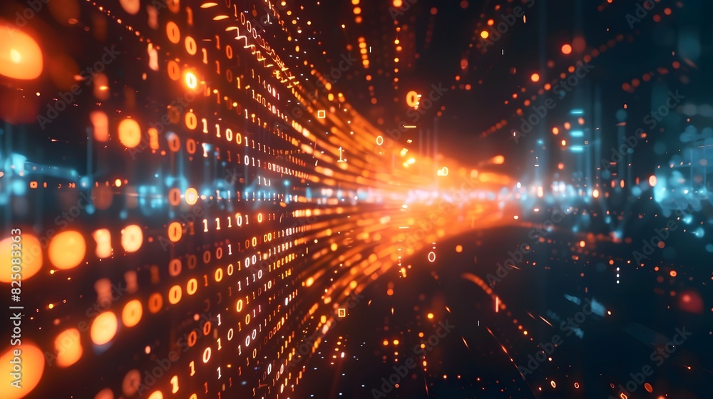 Digital data flowing on dark background, glowing lights and binary code ...