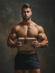 Poster - A man with a box in his hand is posing for a photo. Concept of strength and confidence, as the man is flexing his muscles and holding the box with ease