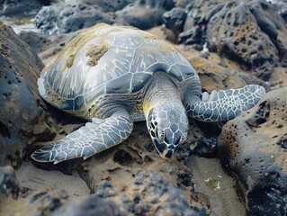 Wall Mural - A turtle is laying on a rocky beach. The turtle is small and has a shell