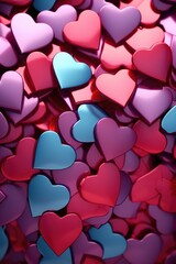 Wall Mural - A close up of many hearts in various colors, including pink and blue. Concept of love and affection, as the hearts are arranged in a way that they seem to be hugging each other