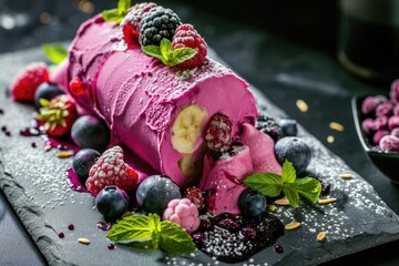 Wall Mural - A pink dessert with a banana and blueberries on top. The dessert is served on a black plate