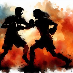 A man and a woman at the moment of a fist fight, in the mud, watercolor illustration on a watercolor background, gradient.