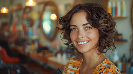 Wall Mural - A woman with brown hair and a smile is standing in front of a mirror in a salon. Generated by AI