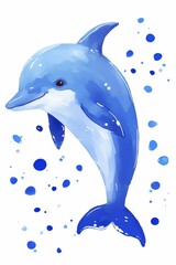 Beautiful watercolor illustration of a blue dolphin, surrounded by blue splashes, capturing its playful and graceful nature in the ocean.