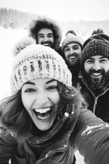 Wall Mural - A group of people wearing hats and smiling for a picture. The woman in the center is the only one smiling