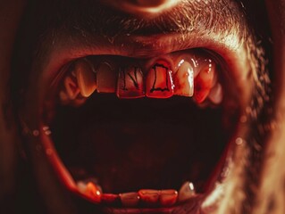 Wall Mural - A man's mouth is open with a red substance on his teeth. The substance is written in black letters, which appear to be a message or a symbol. Scene is dark and ominous