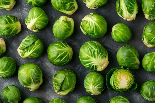 Top view of organic brussels sprouts scattered on a dark background, ideal for healthy food concepts