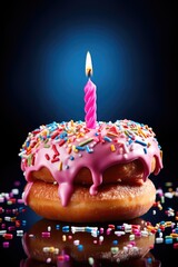 A pink frosted donut with sprinkles and a lit candle on top. Concept of celebration and joy, as it is a birthday cake