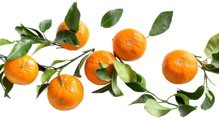 Several oranges with vibrant green leaves on them, depicting fresh fruit ready for consumption