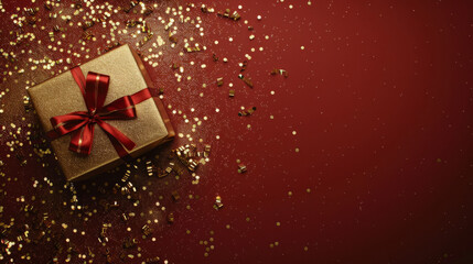Wall Mural - elegant golden christmas gift with a shiny red ribbon on a glittering red background with sparkling 