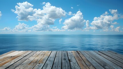 Wall Mural - wooden floor, blue sky and white clouds, sea background, blue ocean, perspective view of the wooden 