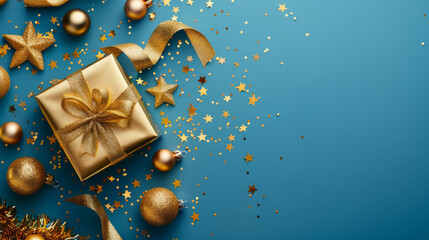 Wall Mural - elegant golden christmas gift and baubles on a stunning blue background, adorned with sparkling conf