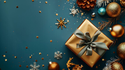 Wall Mural - Luxurious golden christmas gift with stylish bow surrounded by sparkling ornaments on a dark seasonal backdrop with copy space