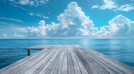 Wall Mural - wooden floor, blue sky and white clouds, sea background, blue ocean, perspective view of the wooden 