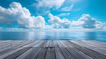 Wall Mural - wooden floor, blue sky and white clouds, sea background, blue ocean, perspective view of the wooden 