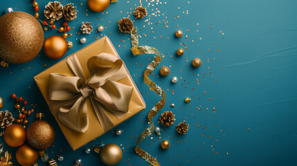 Wall Mural - beautifully wrapped present accompanied by golden baubles, pine cones, and glitter on a vibrant blue