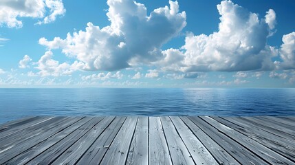 Wall Mural - wooden floor, blue sky and white clouds, sea background, blue ocean, perspective view of the wooden 