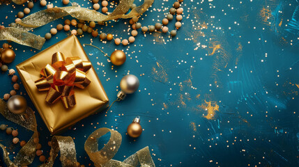 Wall Mural - elegant top-down view of a christmas-themed setup featuring a golden gift, baubles, and shimmering r