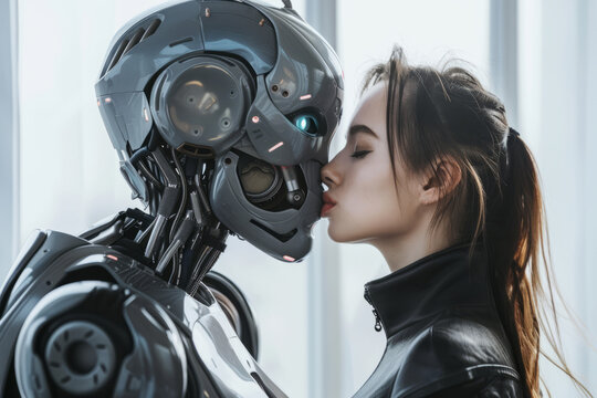 Attractive girl kiss a robot. Relationship between cyborg and real girl. Romantic couple in a digital world