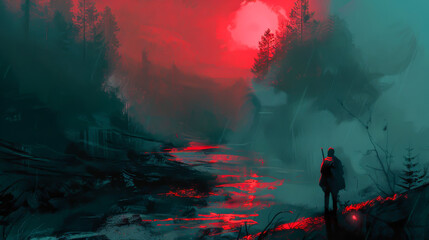 Wall Mural - A man is walking along a river with a red sun in the background