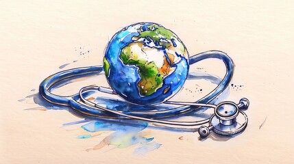 Global Health Care Concept. Featuring Earth and Stethoscope in Watercolor Illustration