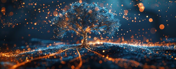 A tree of life made from glowing data points and lines, orange blue color scheme, futuristic background, cinematic, bokeh effect, hyper realistic