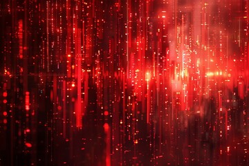 Wall Mural - A dark, abstract background explodes in a vibrant red rain of data and code. Glowing digital lines and sparkling lights evoke a futuristic technology concept.