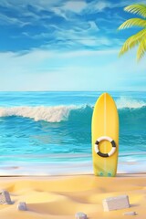 Wall Mural - A yellow surfboard is on the beach with a red and white life preserver
