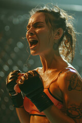 Wall Mural - A woman is wearing boxing gloves and is in the middle of a fight. She is wearing a pink top and is sweating