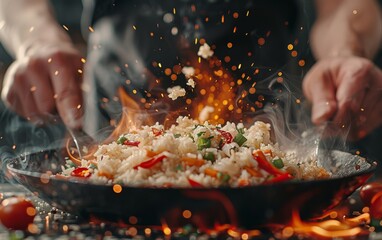 Wall Mural - A person is cooking food in a pan with a lot of smoke and fire