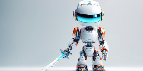 3D ai robot with sword, warrior concept with light background copy space