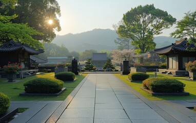 Wall Mural - A path in a garden with a stone walkway and a few trees