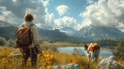 Sticker - A man is walking in the mountains with a cow behind him