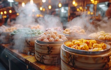 A variety of dumplings are steaming in a wooden basket