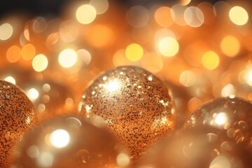 Wall Mural - A bunch of gold colored balls with a lot of sparkles on them. The balls are scattered around and some are closer to the camera while others are further away. Scene is festive and celebratory