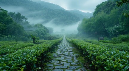 Wall Mural - A path through a lush green garden with fog in the background