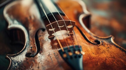 Wall Mural - A violin with a wooden body and a black string. The instrument is in a natural setting, with a green leaf in the background. Scene is serene and peaceful, as if the violin is waiting to be played