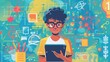 © taelefoto - A student character in a 2D flat style illustration, solving a math problem on a tablet. The background is minimal, highlighting the integration of educational technology.