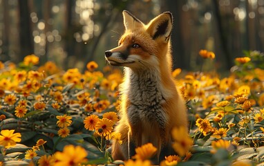 A baby fox is standing in a field of flowers