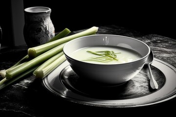 Canvas Print - A bowl of soup with green vegetables on a plate