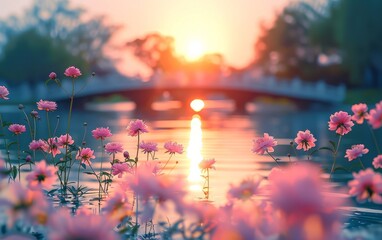 Wall Mural - A beautiful scene of a bridge over a river with pink flowers in the foreground