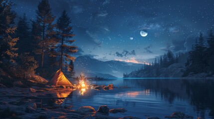 Wall Mural - A campsite with a tent and a fire
